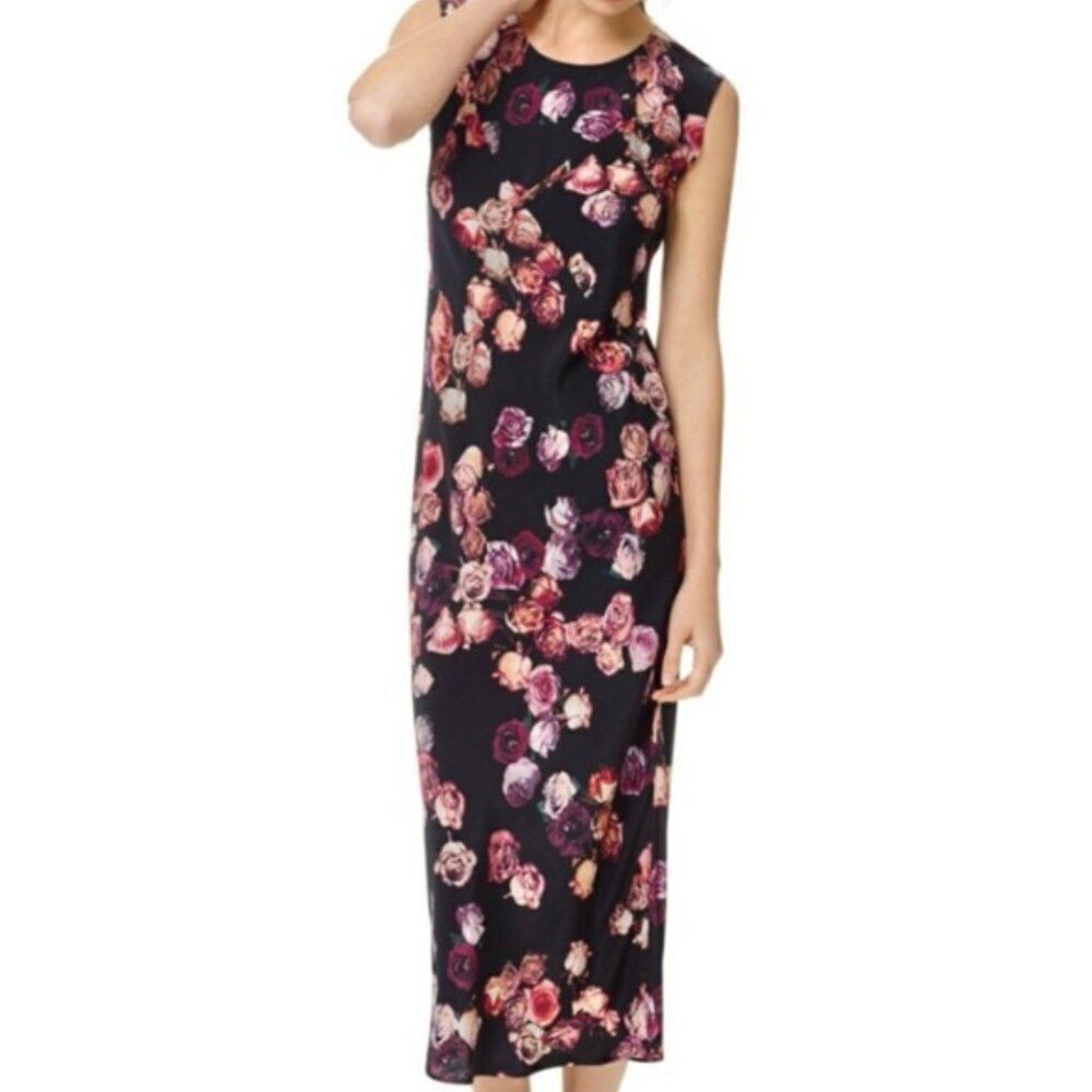 Wilfred Aritzia black purple moody floral 100% silk slinky column midi dress